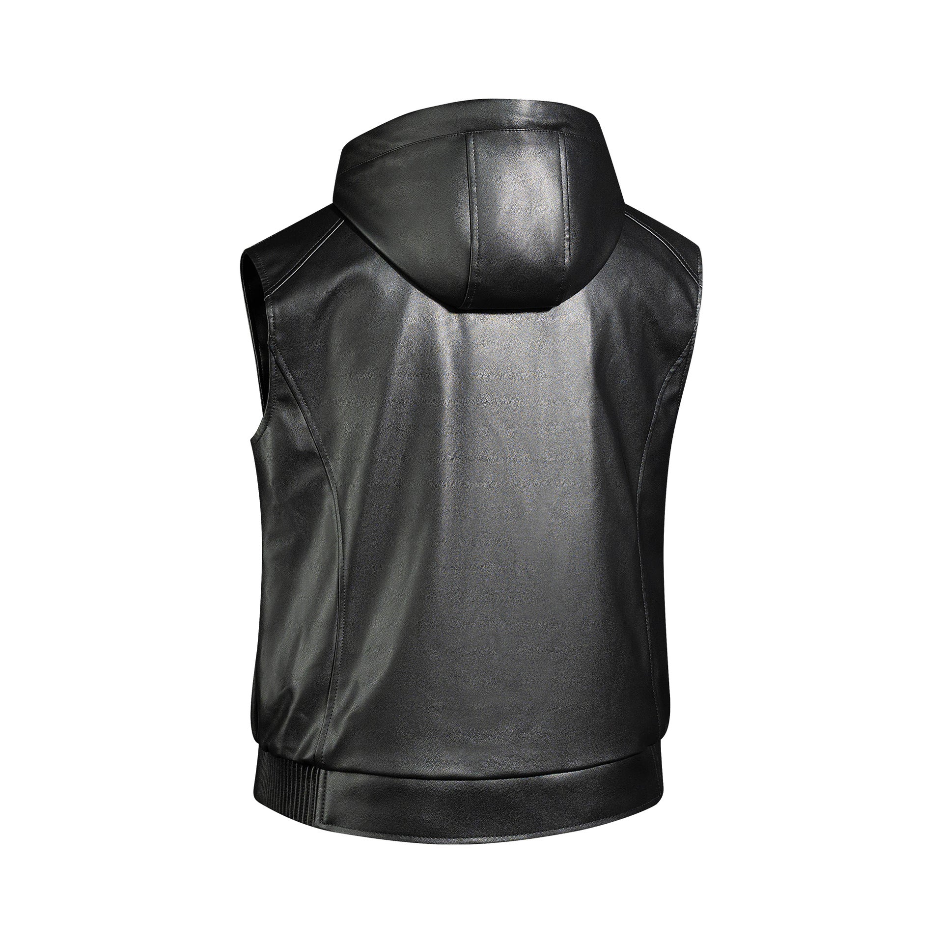 Men's Sleeveless Leather Vest with Hood Quilted Nappa Look and Zipper Pockets Chichicherry