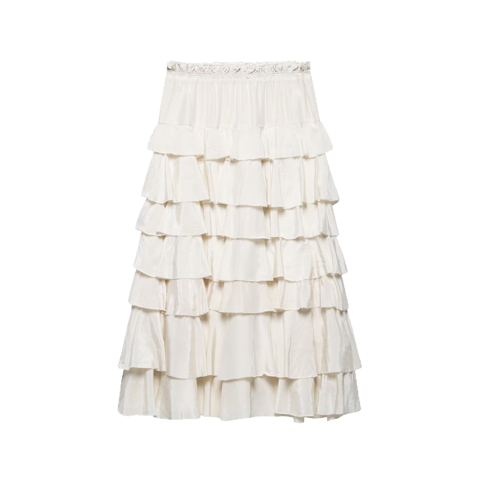 Women's tiered midi skirt with ruffles, elastic gathered waistband, and flowing satin look Chichicherry
