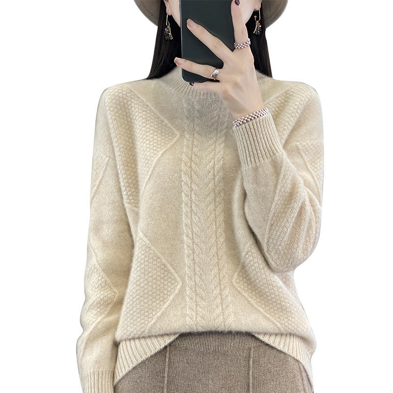 Women's Soft Cable Knit Mock Neck Sweater with Structure Patches and Fluffy Mohair Look Chichicherry