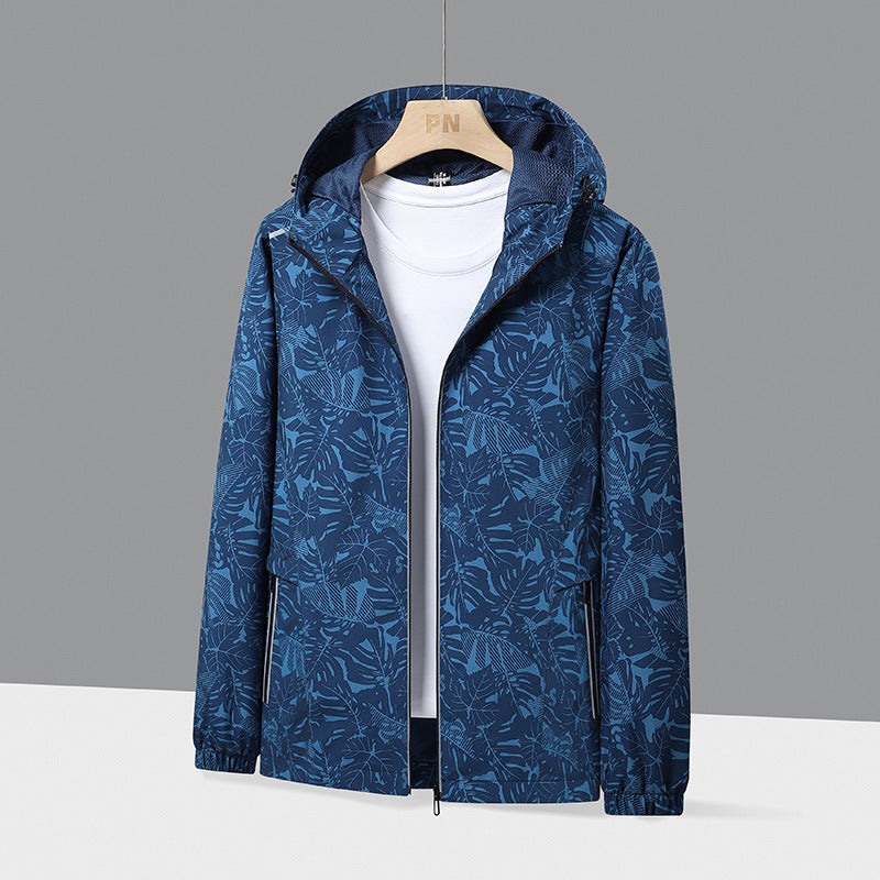 Men's Lightweight Hooded Windbreaker with Botanical Allover Print and Elastic Cuffs Chichicherry