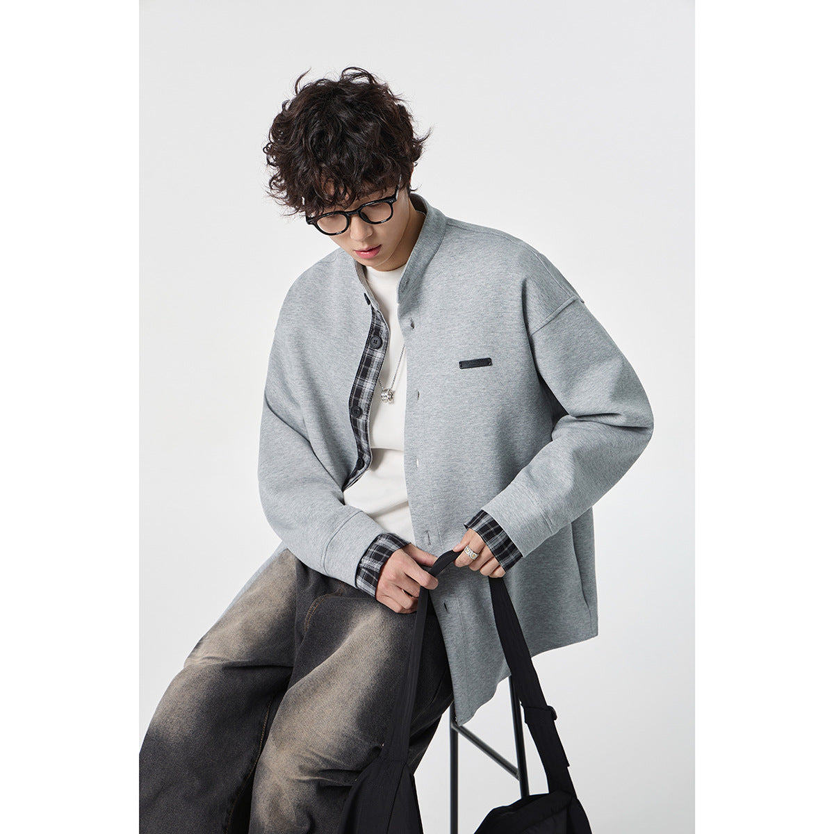 Unisex Oversized Shirt Jacket in Sweat Overlay with Stand-Up Collar and Checkered Inner Cuff Chichicherry