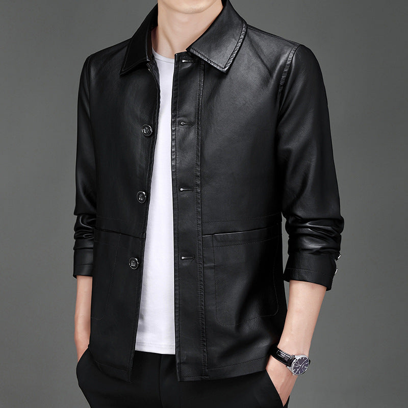 Men's Minimalist Faux Leather Overlay Shirt with Shirt Collar and Patch Pockets Chichicherry