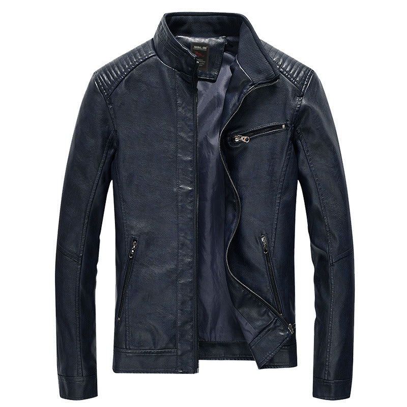 Men's Faux Leather Biker Jacket with Stand-up Collar and Shoulder Padding Chichicherry