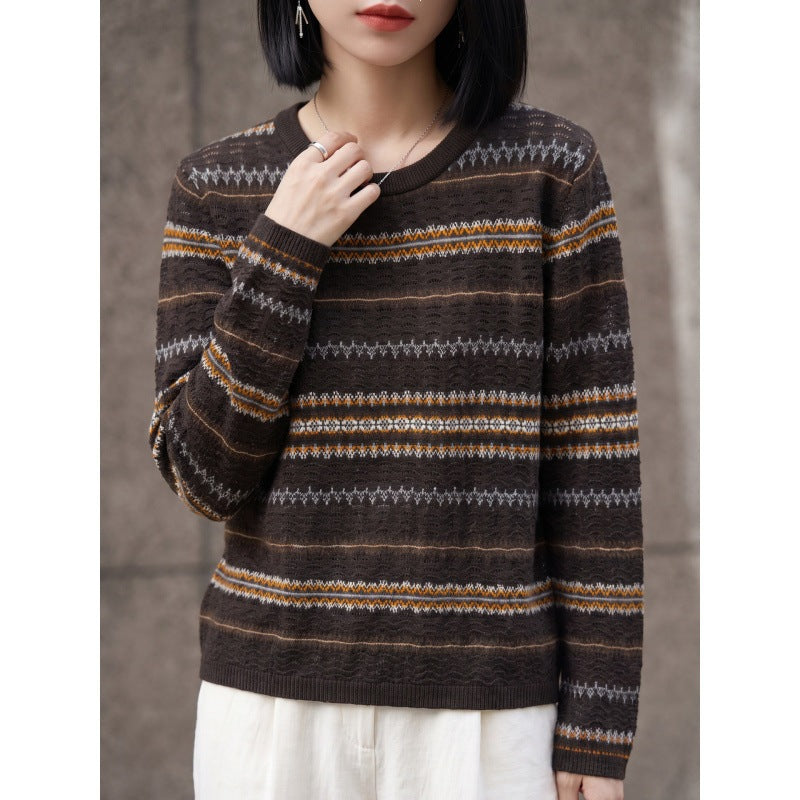Women's lightweight round neck pullover in Norwegian stripe design with structured ajour optics Chichicherry