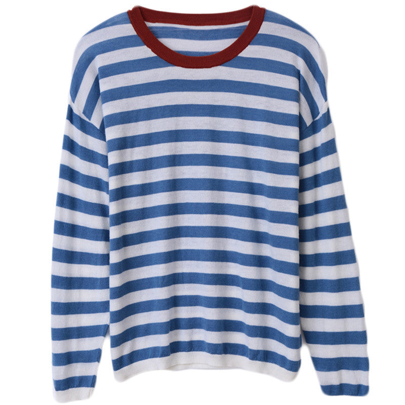 Women’s maritime-inspired striped fine-knit shirt with wide boat neckline and contrast edge Chichicherry