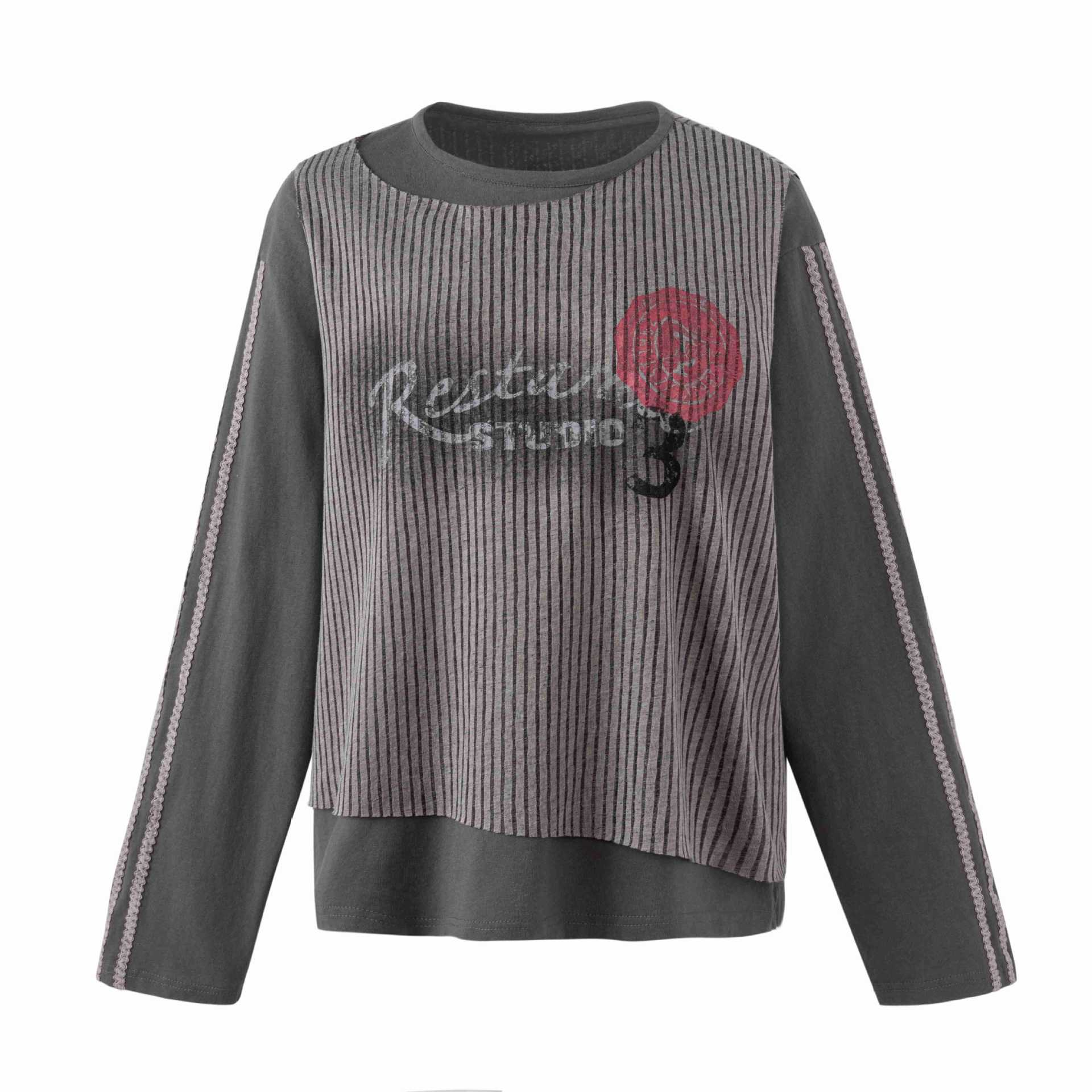 Women Casual Sweatshirt with Striped Overlay, Decorative Seams and Rose Print Chichicherry