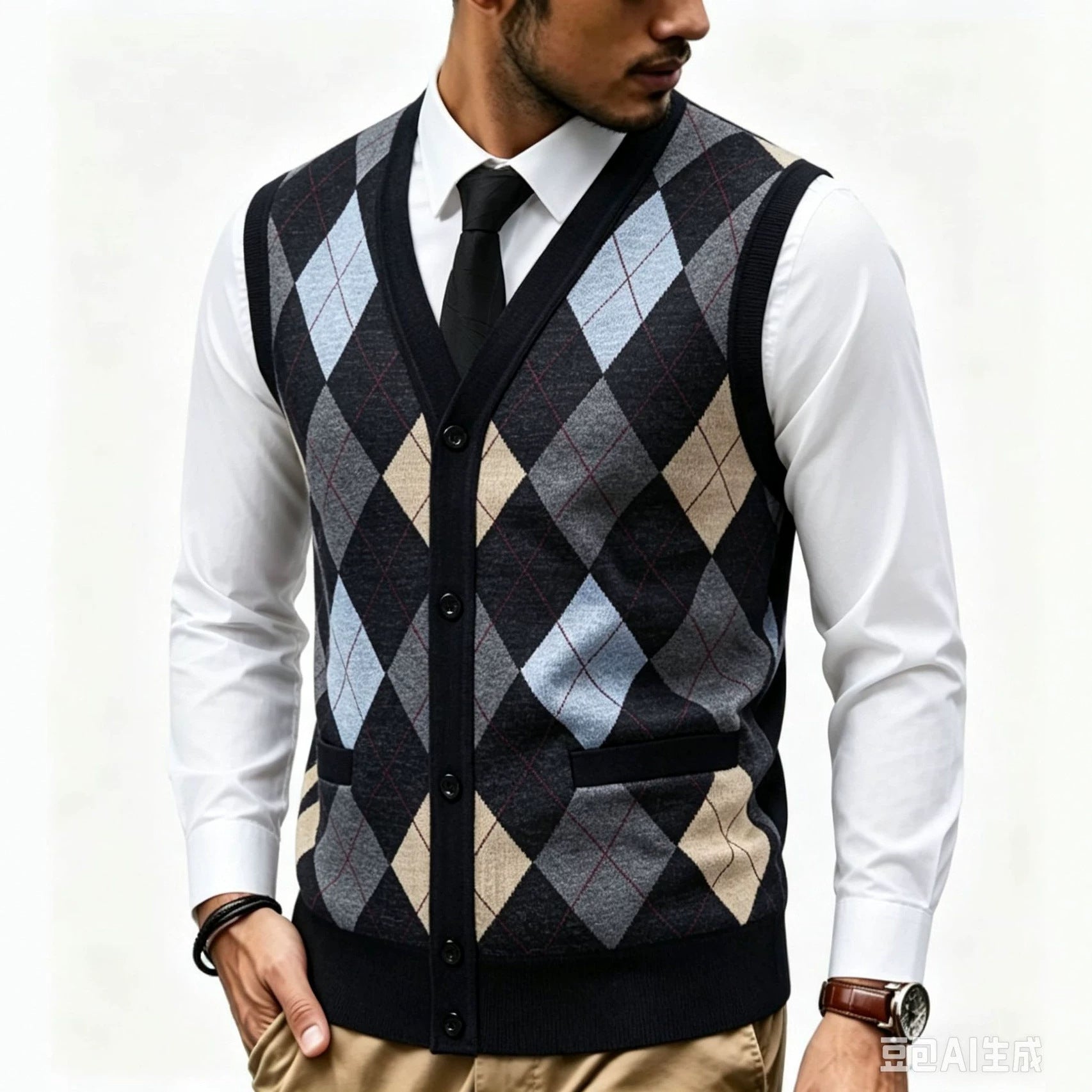 Men's fine knit vest with V-neck, button placket and diamond pattern Chichicherry