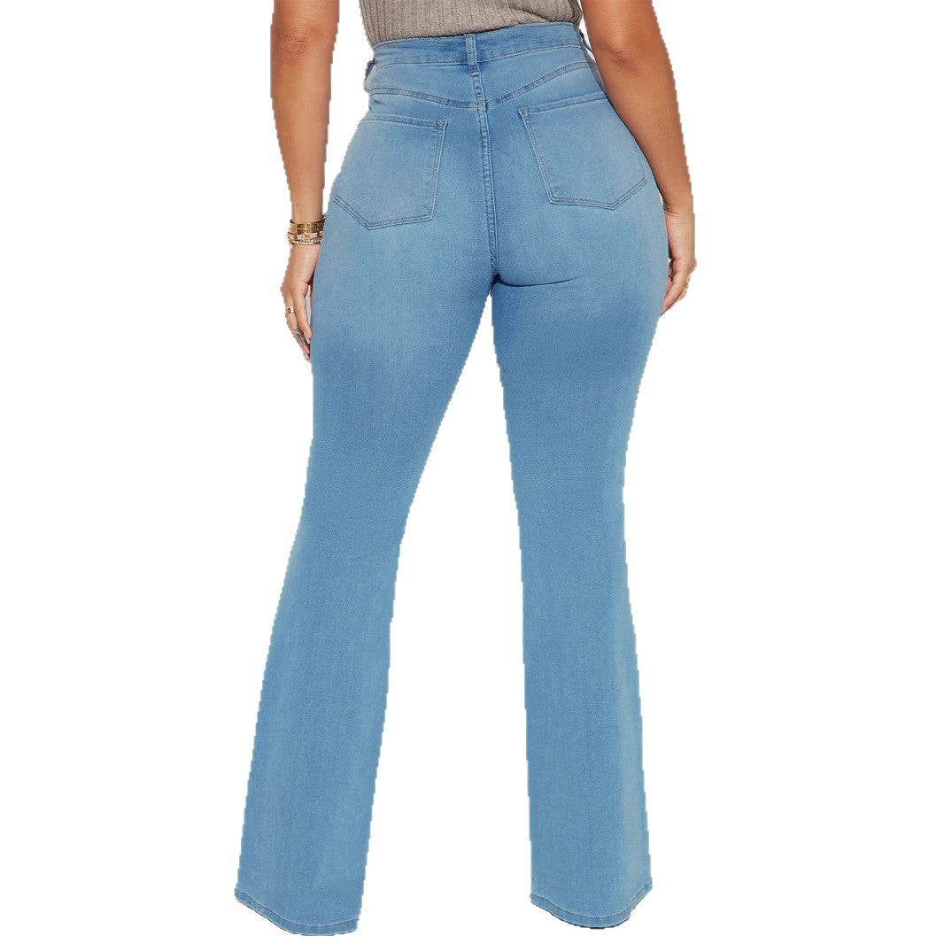 Women's High-Waist Flared Jeans with sculpting waistband and subtle knee rips Chichicherry