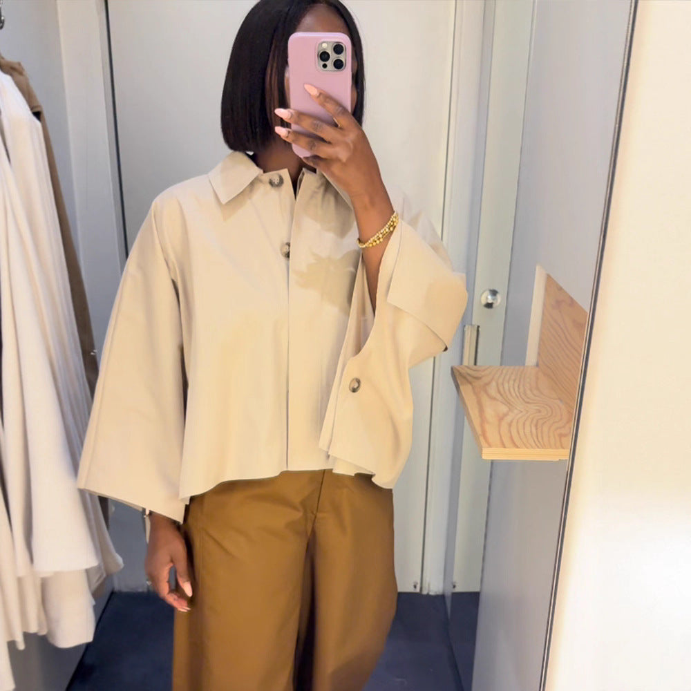 Women's Boxy Cropped Shirt Blouse with Wide Batwing Sleeve and Fine Tuck Chichicherry