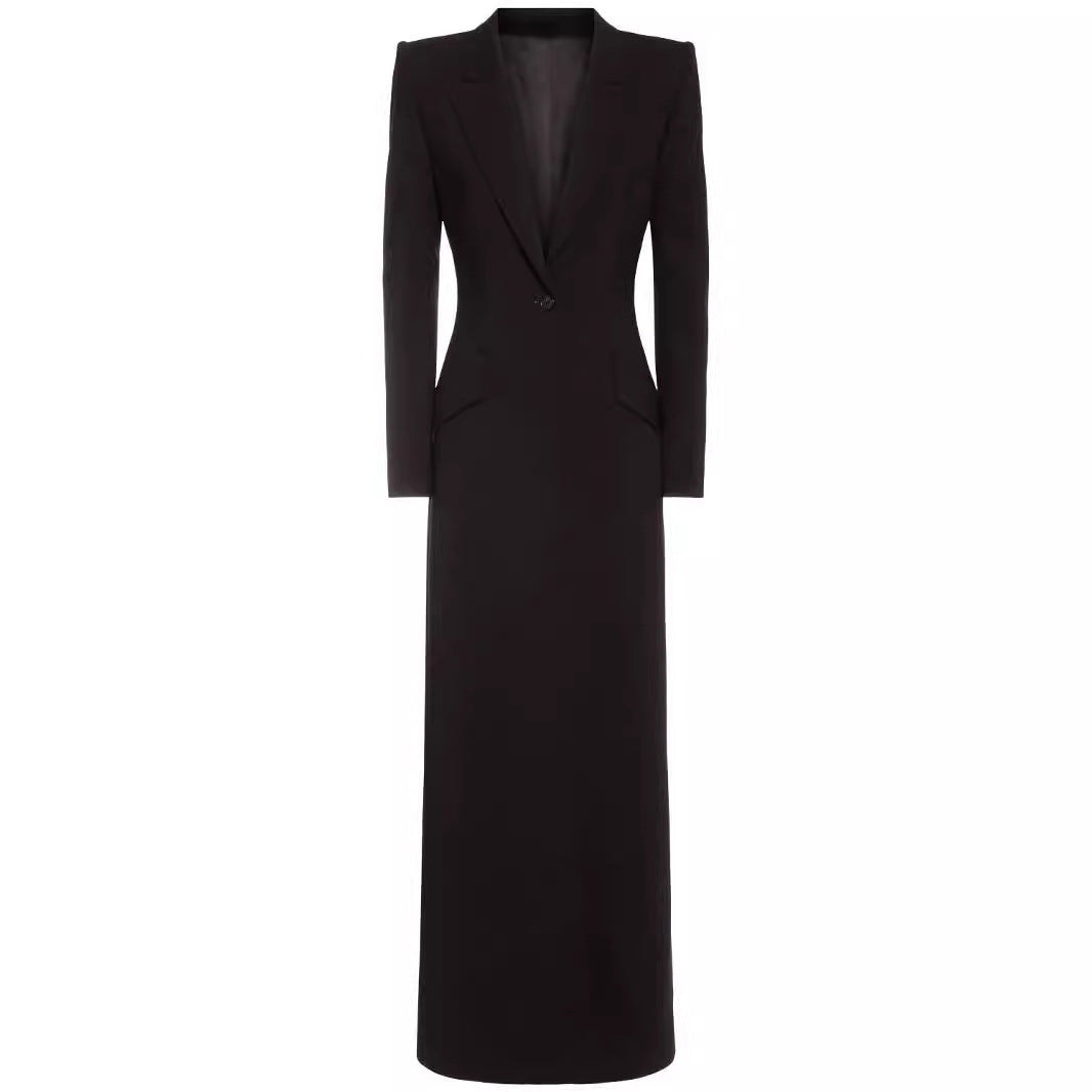 Women’s long tailored blazer dress with deep V-neckline and structured shoulder pads Chichicherry