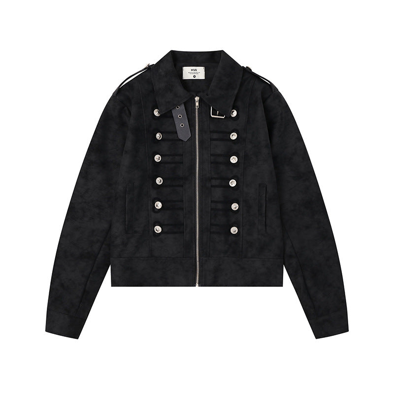 Women Military Inspired Short Jacket with Zipper, Decorative Button Plackets and Epaulettes Chichicherry