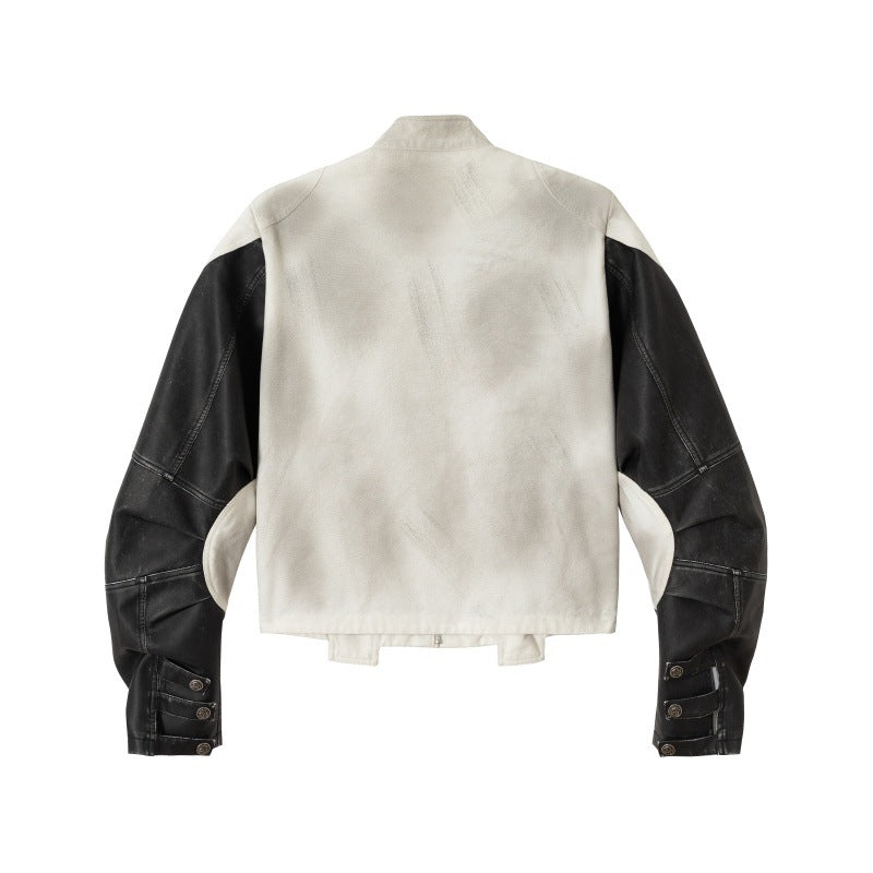 Unisex Short Cut Boxy Biker Jacket in Vintage Leather Look with Graphic Skull Print and Stand-up Collar Chichicherry