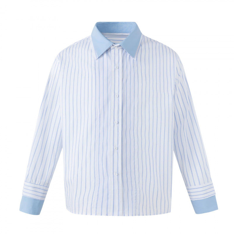Women's Oversized Shirt Blouse with Pinstripes, Contrast Collar and Cuffs Chichicherry