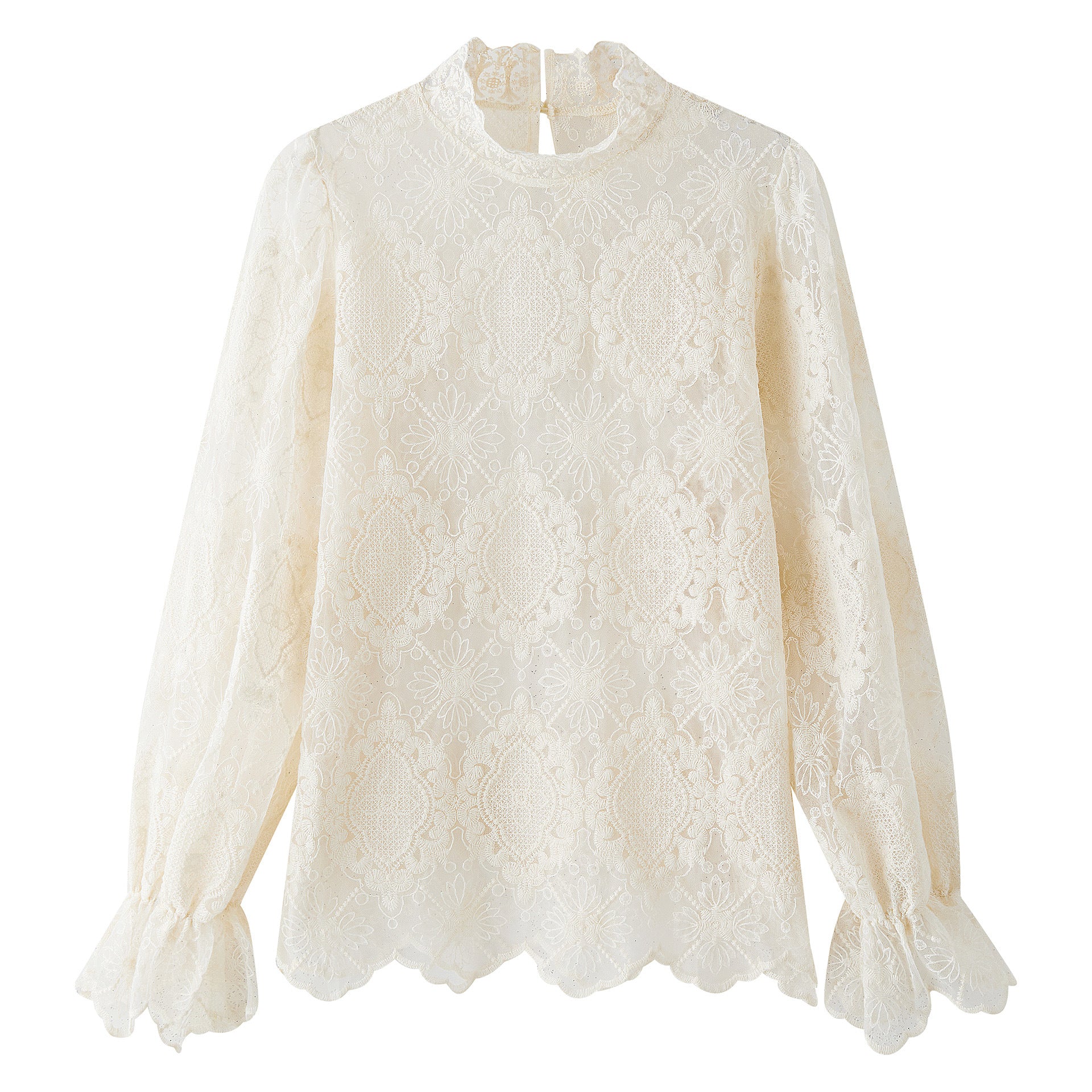 Women's Transparent Lace Blouse with Stand Collar and Balloon Sleeves Chichicherry