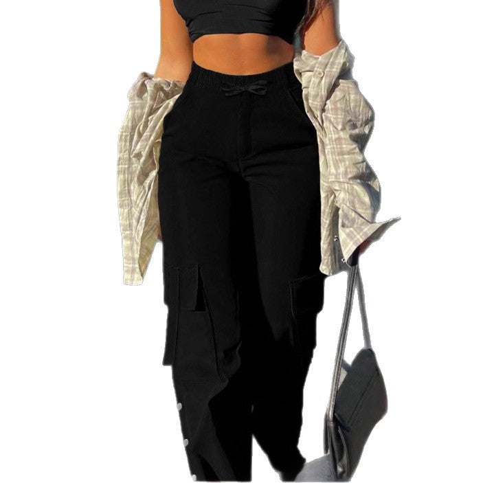 Women's High-Waist Cargo Pants with Wide Leg, Drawstring and Side Snap Details Chichicherry