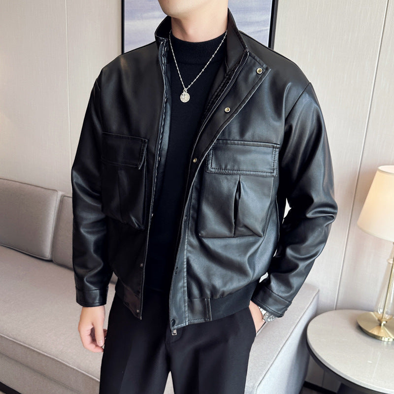 Men's Faux Leather Bomber Jacket with Large Flap Pockets, Stand Collar and Ribbed Hem Chichicherry