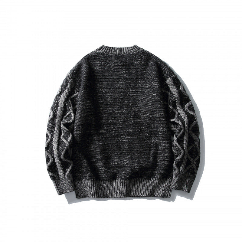 Unisex Oversized Knit Sweater with Cable Pattern Jacquard, Round Neck and Ribbed Cuffs Chichicherry