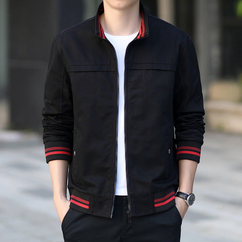 Men's modern canvas bomber jacket in worker style with striped ribbed cuffs and zipper Chichicherry