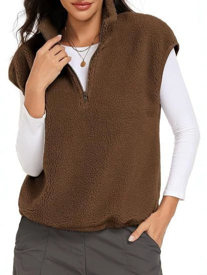 Women Sleeveless Teddy Fleece Vest with Half Zip and Stand Collar Chichicherry