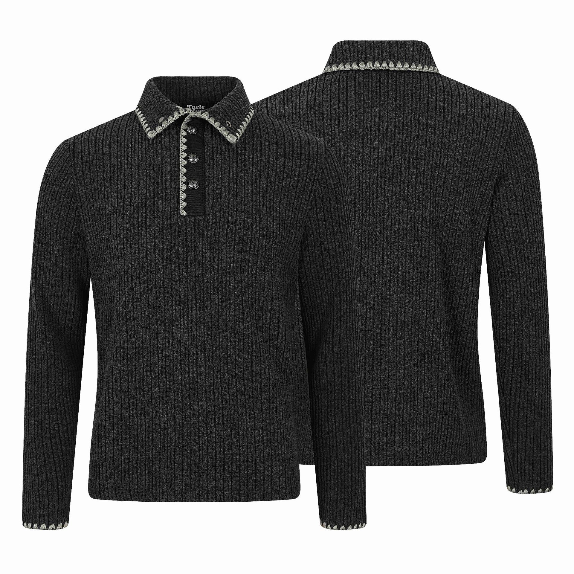 Men's Ribbed Polo Collar Sweater with Decorative Seam and Button Placket Chichicherry