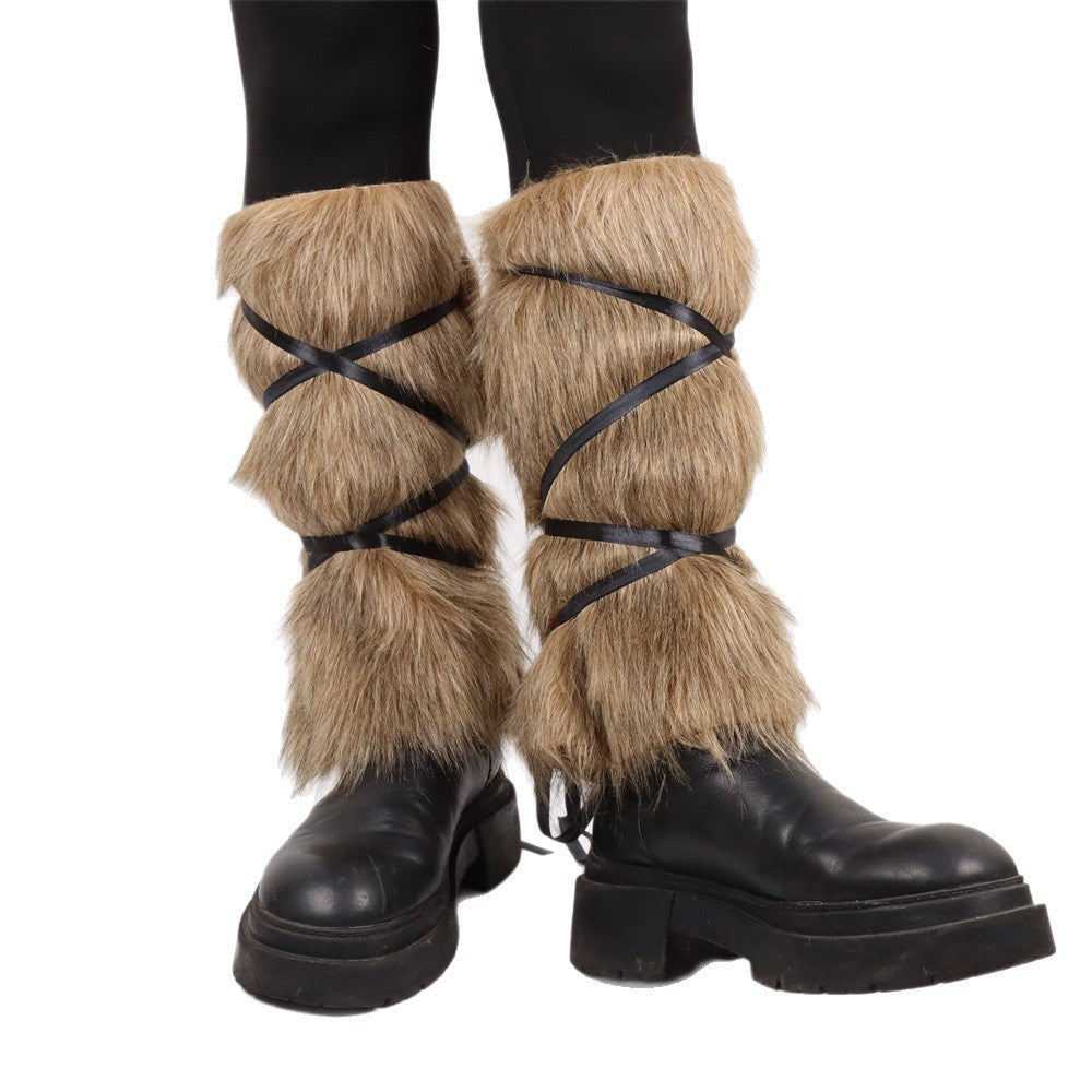 Ladies high-pile leg warmers with faux fur look and wrap straps Chichicherry