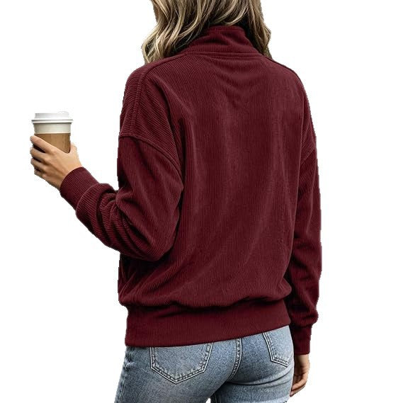 Women's ribbed Henley pullover with stand collar and kangaroo pocket Chichicherry