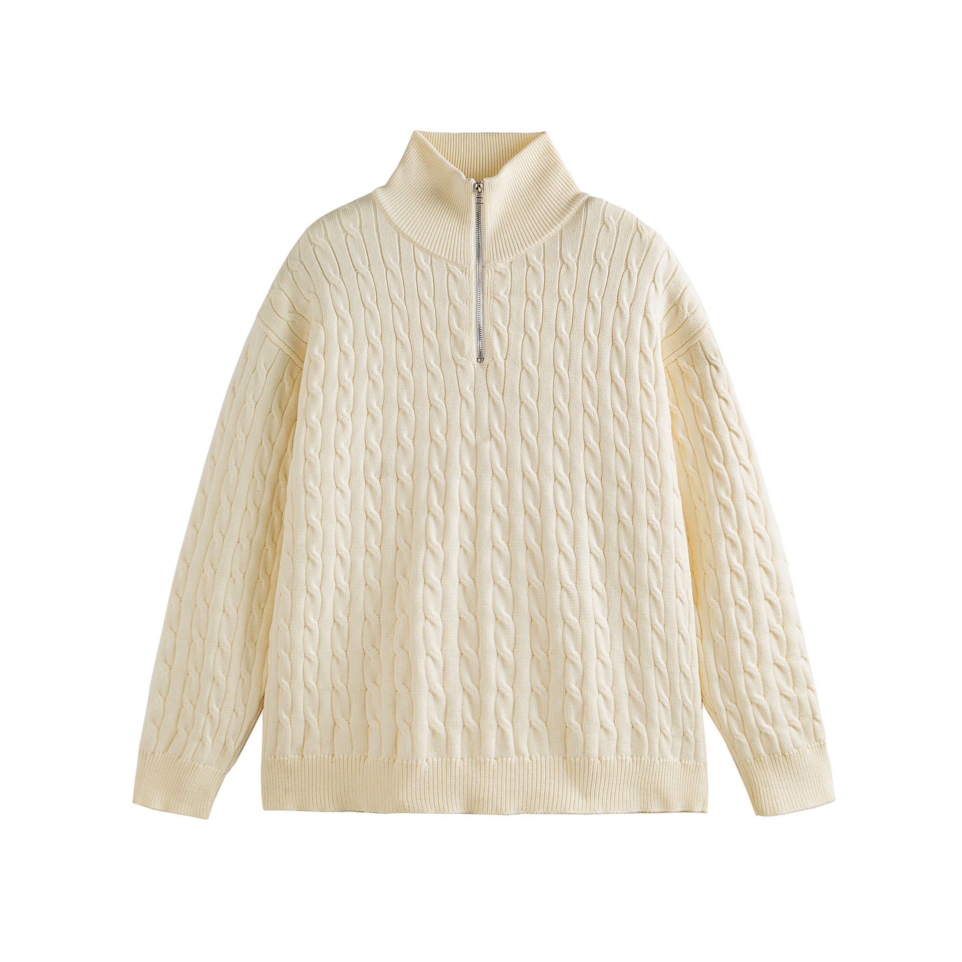 Unisex Thick Knit Cable Pattern Sweater with Half Zip and High Ribbed Collar Chichicherry