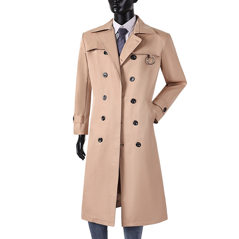 Men's double-breasted trench coat with waist tailoring, lapel collar, and decorative metal ring Chichicherry