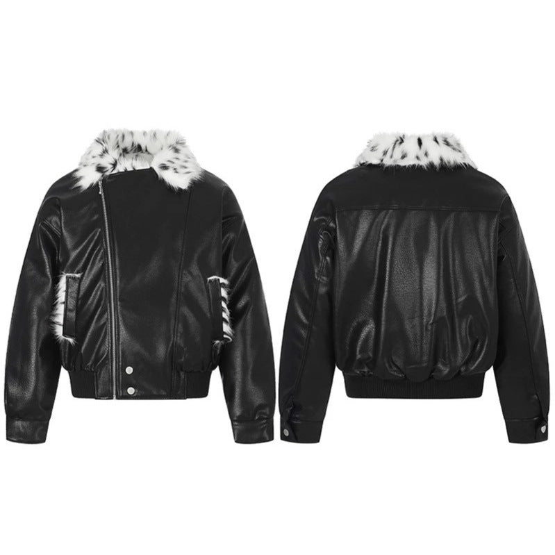 Ladies Faux Leather Bomber Jacket with Asymmetrical Zipper and Contrasting Faux Fur Collar Chichicherry