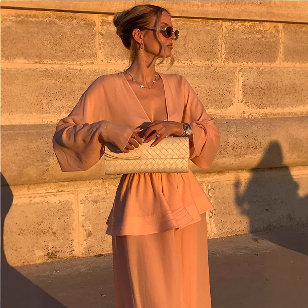 Women Two-Piece Chiffon Set with V Neck, Voluminous Sleeves and Pleated Maxi Skirt Chichicherry