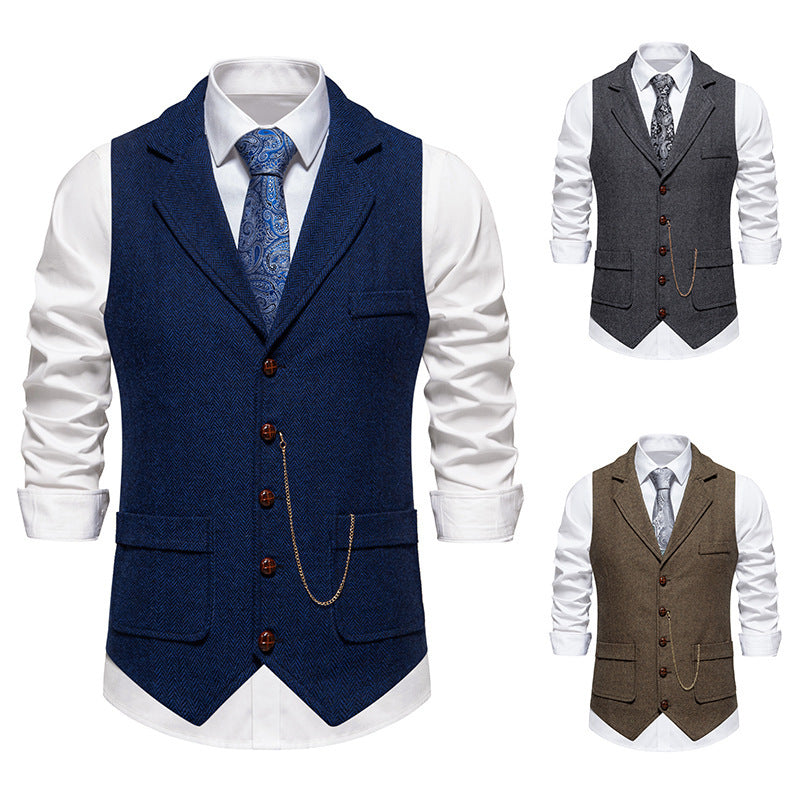 Men's Tailored Suit Vest with Shawl Collar Look, Flap Pockets and Decorative Watch Chain Chichicherry