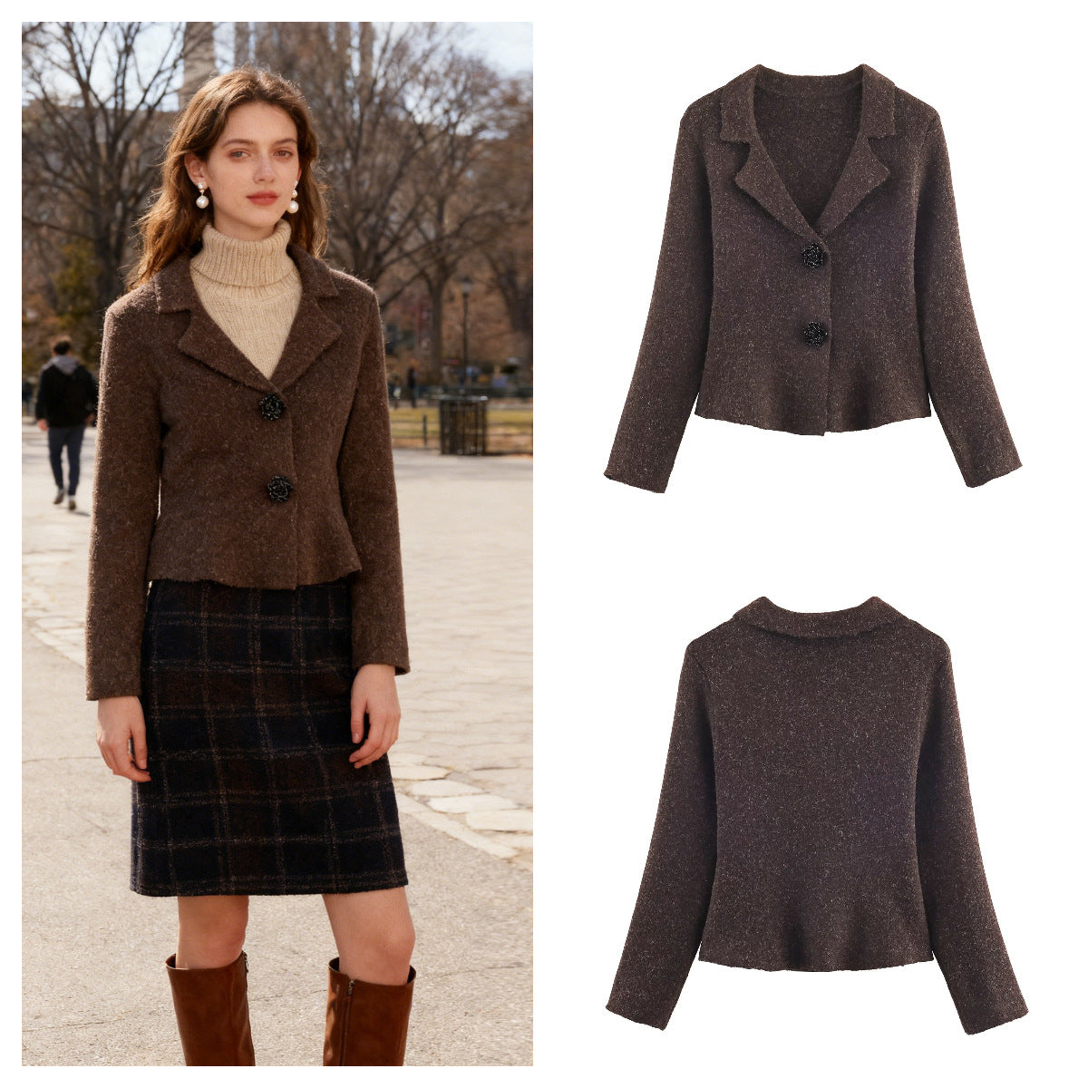 Women's short tailored wool look jacket with lapel collar and decorative floral buttons Chichicherry