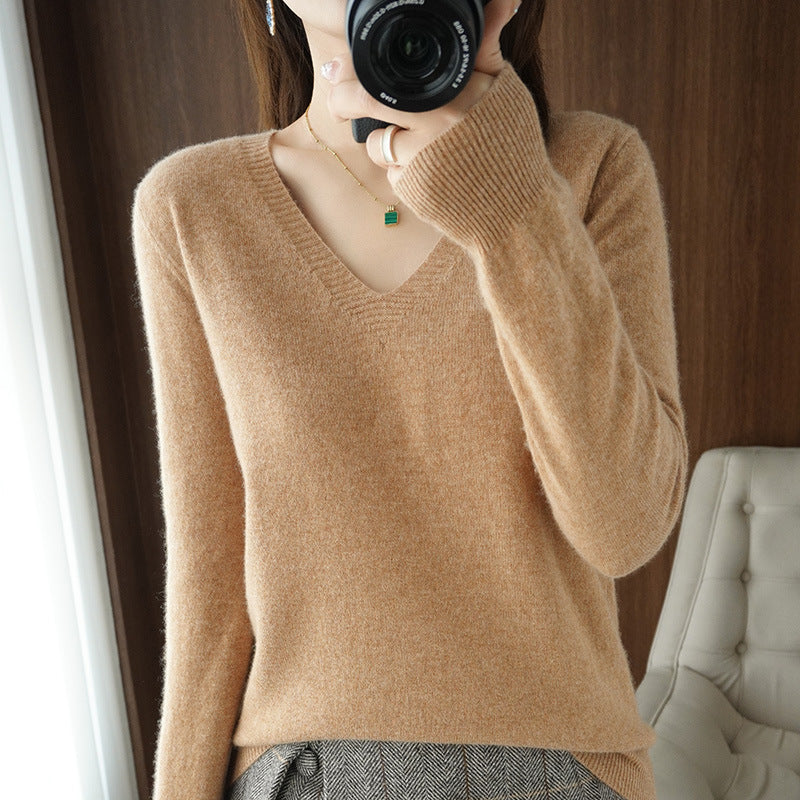Women Soft V-Neck Cashmere Blend Sweater with Fine Ribbed Cuffs Chichicherry