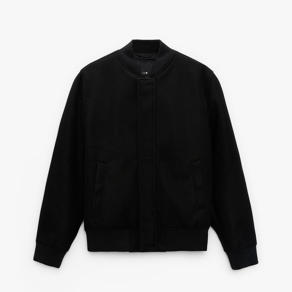 Men's bomber jacket made of wool blend in boxy cut with concealed snap button placket and ribbed cuffs Chichicherry