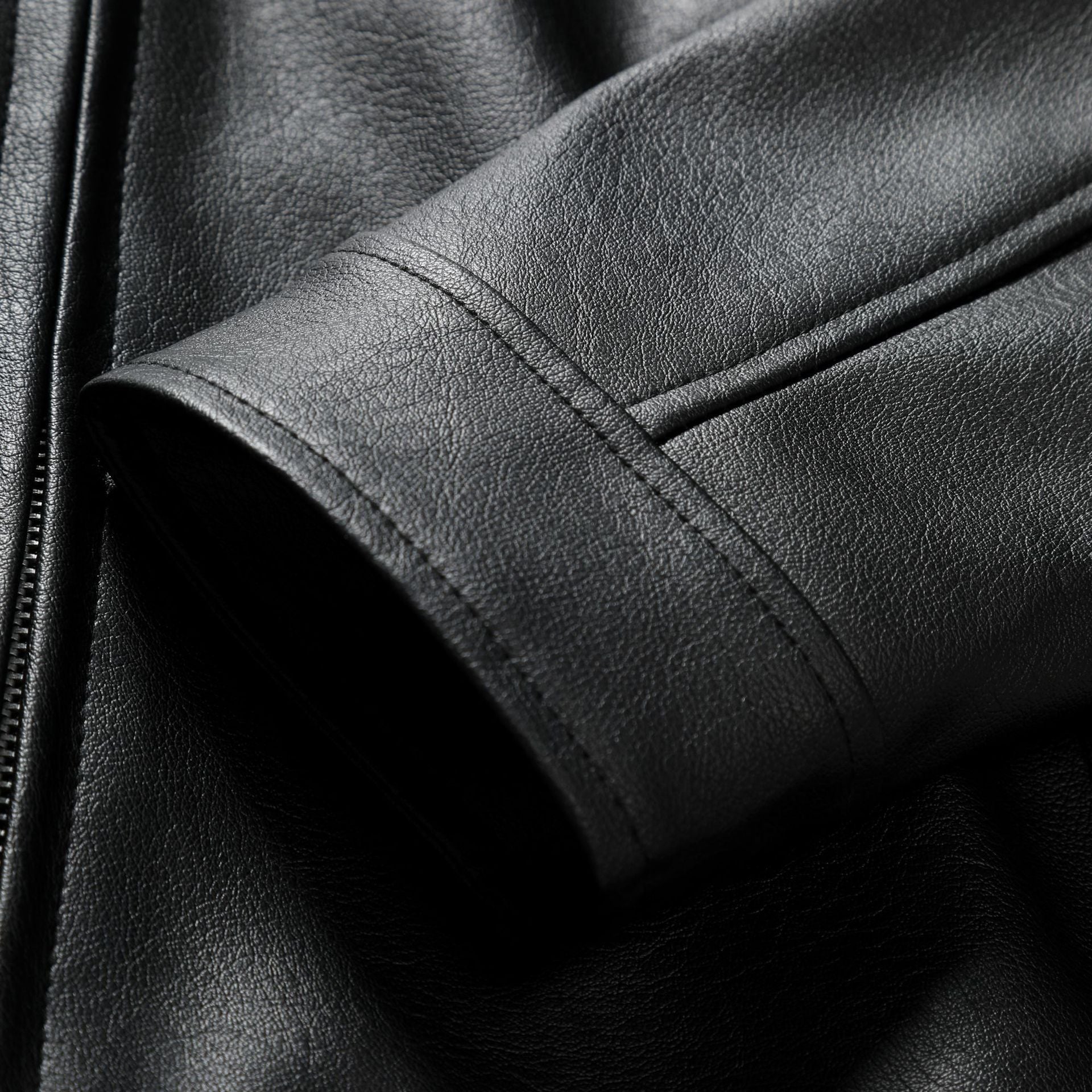 Men's Slim Leather Jacket in Urban Biker Style with Stand Collar and Chest Zipper Pockets Chichicherry