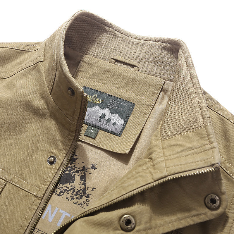 Men's Canvas Utility Vest with Multiple Outer Pockets, Zipper and Stand Collar Chichicherry