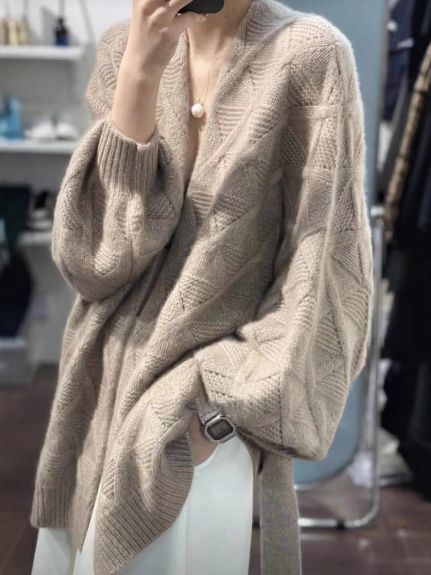 Women's Oversized Cardigan in Mohair Look with Cable Pattern Chichicherry