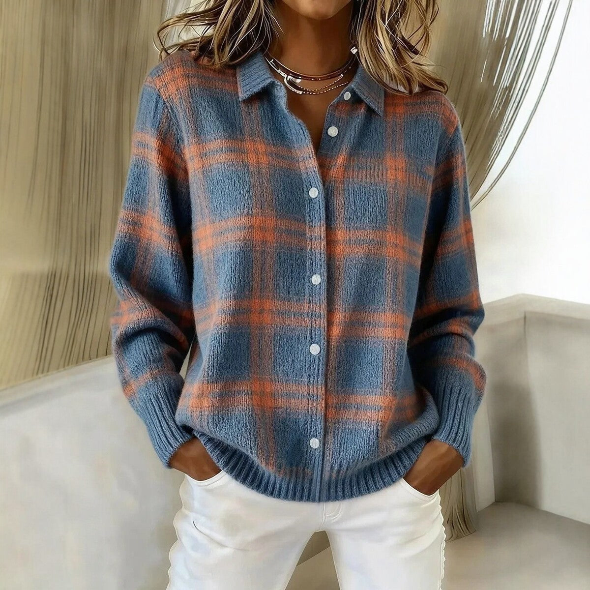 Damen Kariertes Strick-Hemdjacke-Cardigan mit Hemdkragen und gerippten Bündchen Chichicherry