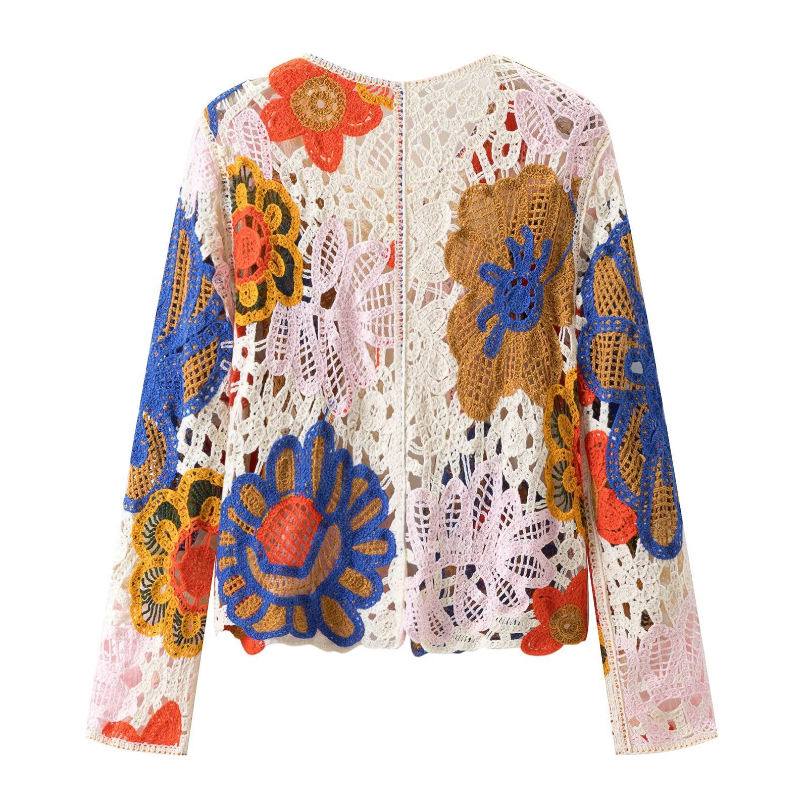 Women's Crochet Cardigan with Floral Appliqués and Tie Band Chichicherry