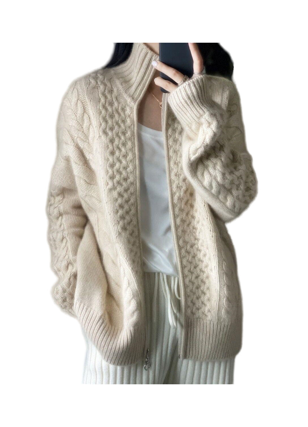 Women's Oversized Cable Knit Mock Neck Sweater in Cozy Mohair Look Chichicherry
