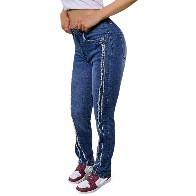 Women's waist-accentuated high-waist jeans with vertical raw-edge stripes and slight flare Chichicherry