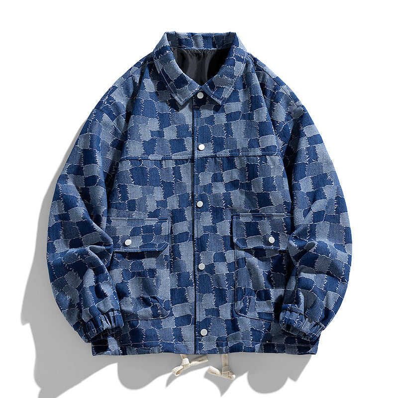 Men's oversized checkered denim jacket with snap buttons, flap pockets, and drawstring Chichicherry