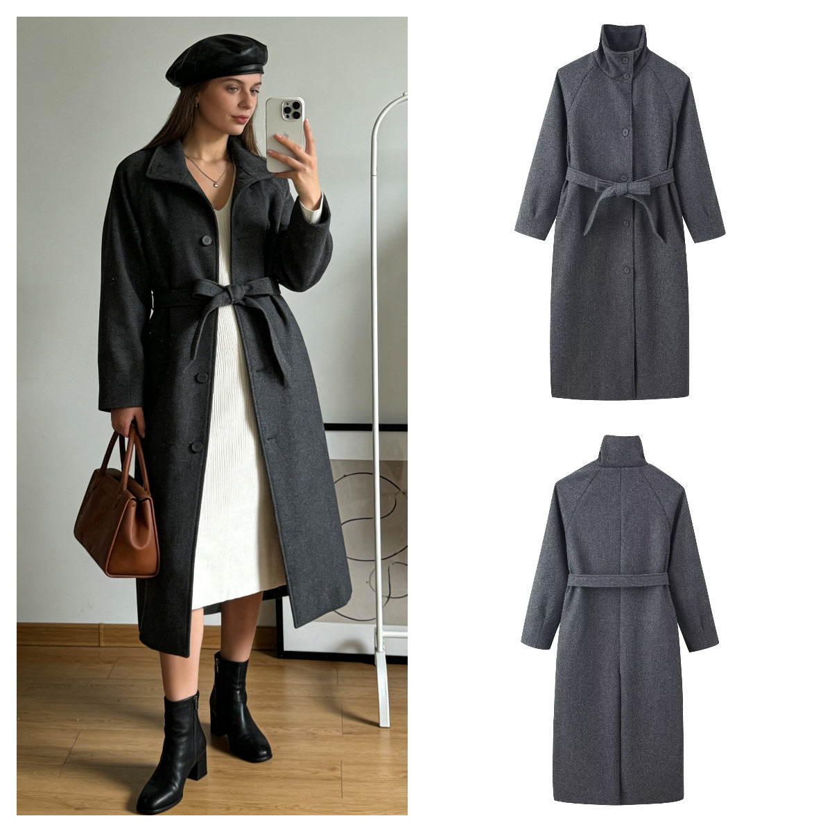 Women’s coat with tie belt, stand-up collar and raglan sleeves Chichicherry
