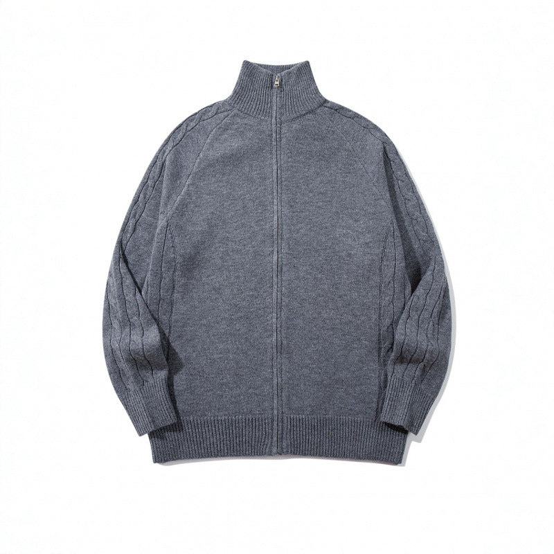 Unisex Boxy Zip Cardigan with Stand-up Collar, Cable Knit Sleeves and Ribbed Hems Chichicherry