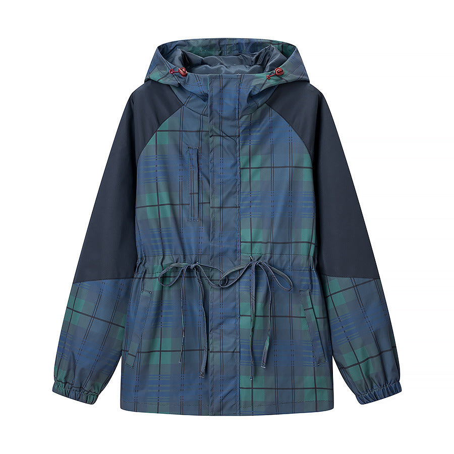 Women's Lightweight Hooded Jacket in Parka Style with Drawstring and Check Pattern Chichicherry