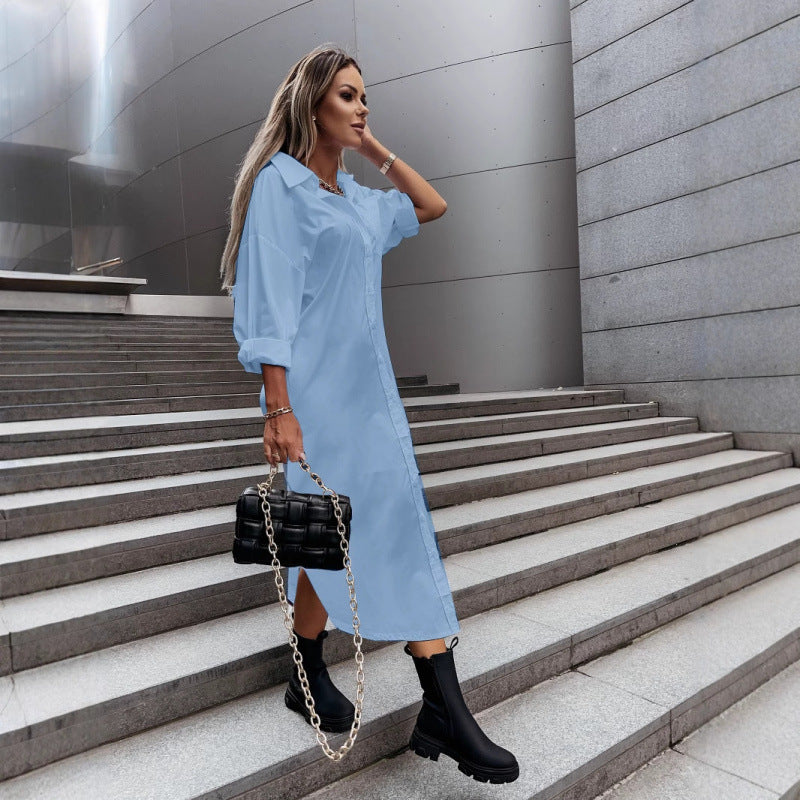 Women's Long Oversized Shirt Dress with Continuous Button Placket, Cuffed Sleeves and Deep Side Slit Chichicherry