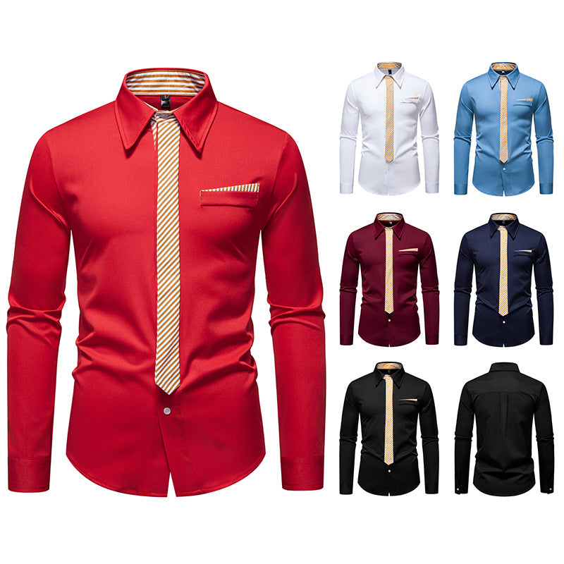 Men's Slim-Fit Business Shirt with Integrated Tie Look and Chest Pocket Chichicherry