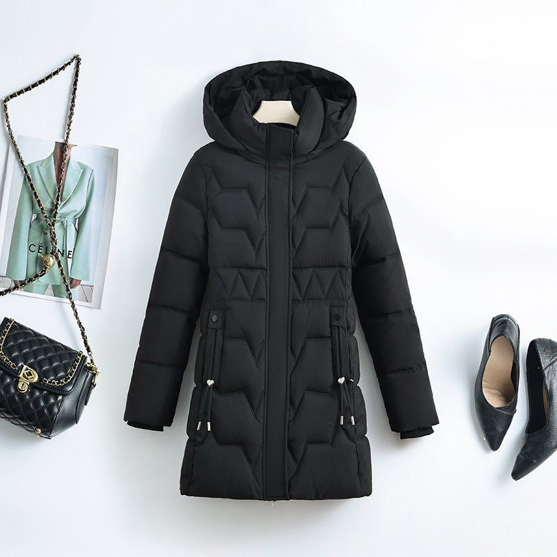 Women's mid-length padded coat with hood, fitted drawstring and geometric decorative stitching Chichicherry