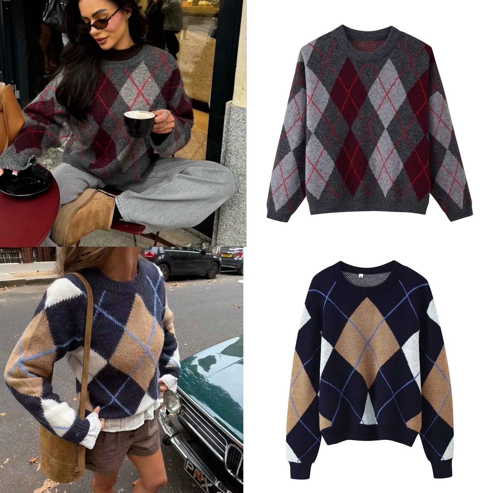 Women's Diamond Argyle Knit Sweater with Round Neck and Slightly Oversized Cut Chichicherry
