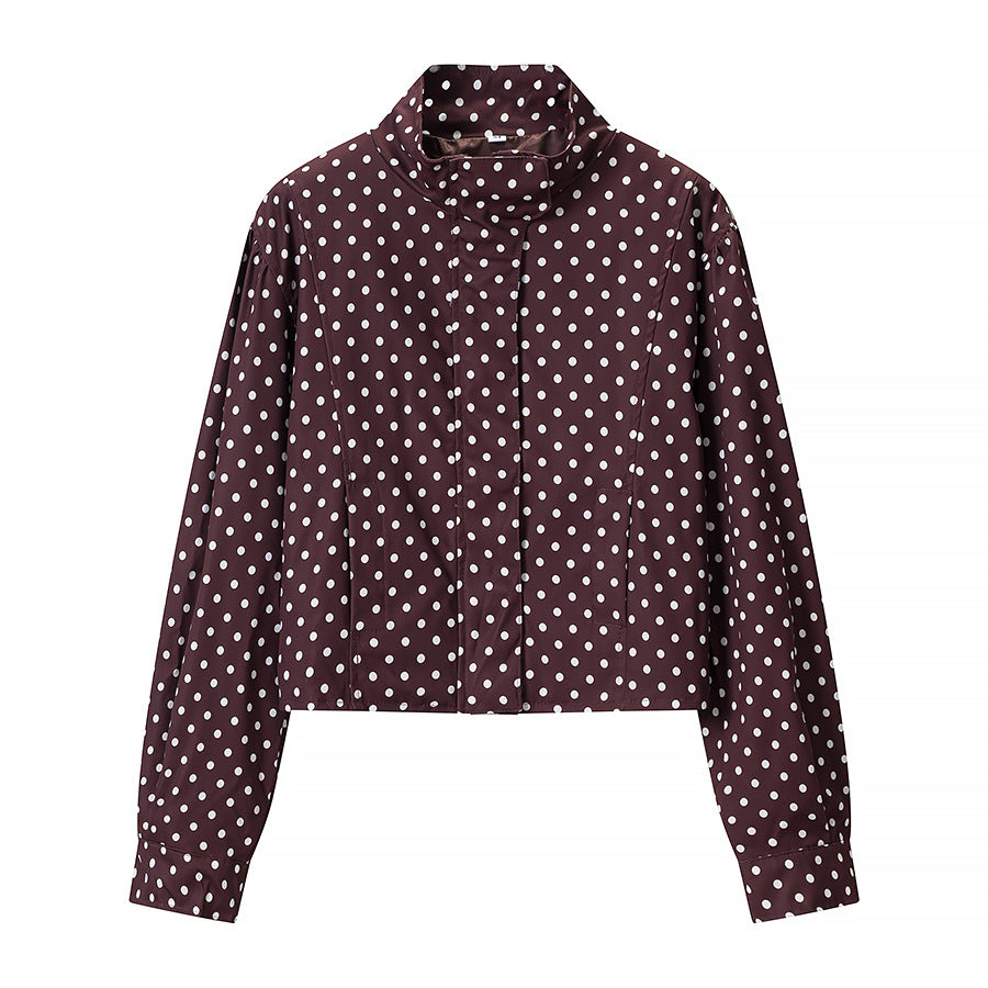 Women Polka Dot Short Jacket with Stand Collar and Concealed Snap Button Placket Chichicherry